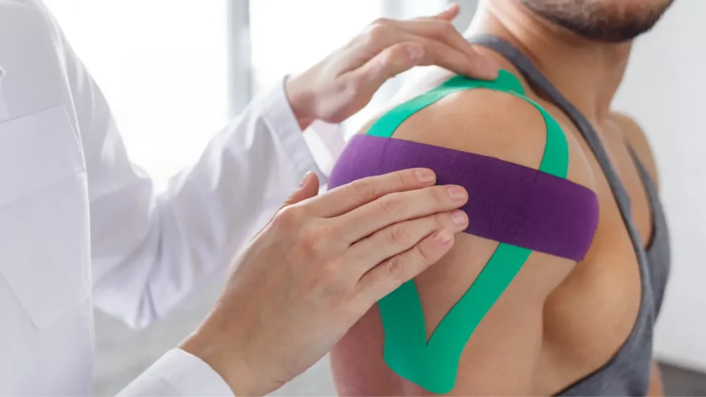 Fizioterapevt namešča kineziološki trak na ramo pacienta med strokovnim posvetom