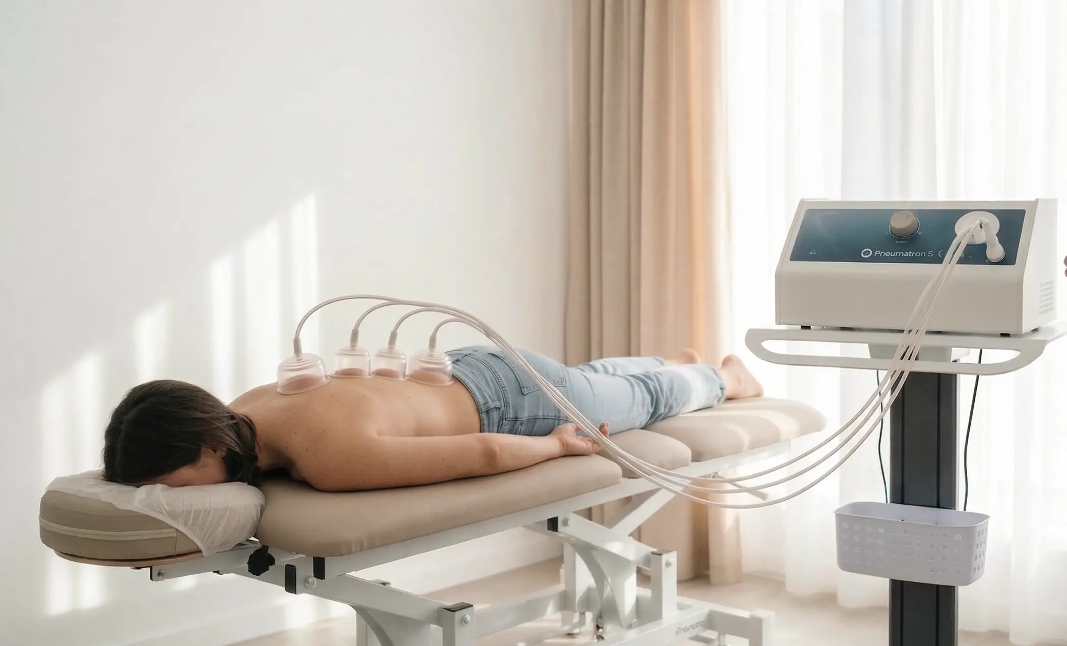 pnevmatska terapija z več aplikatorji za učinkovito obravnavo bolečin v hrbtu v fizioterapevtski ambulanti