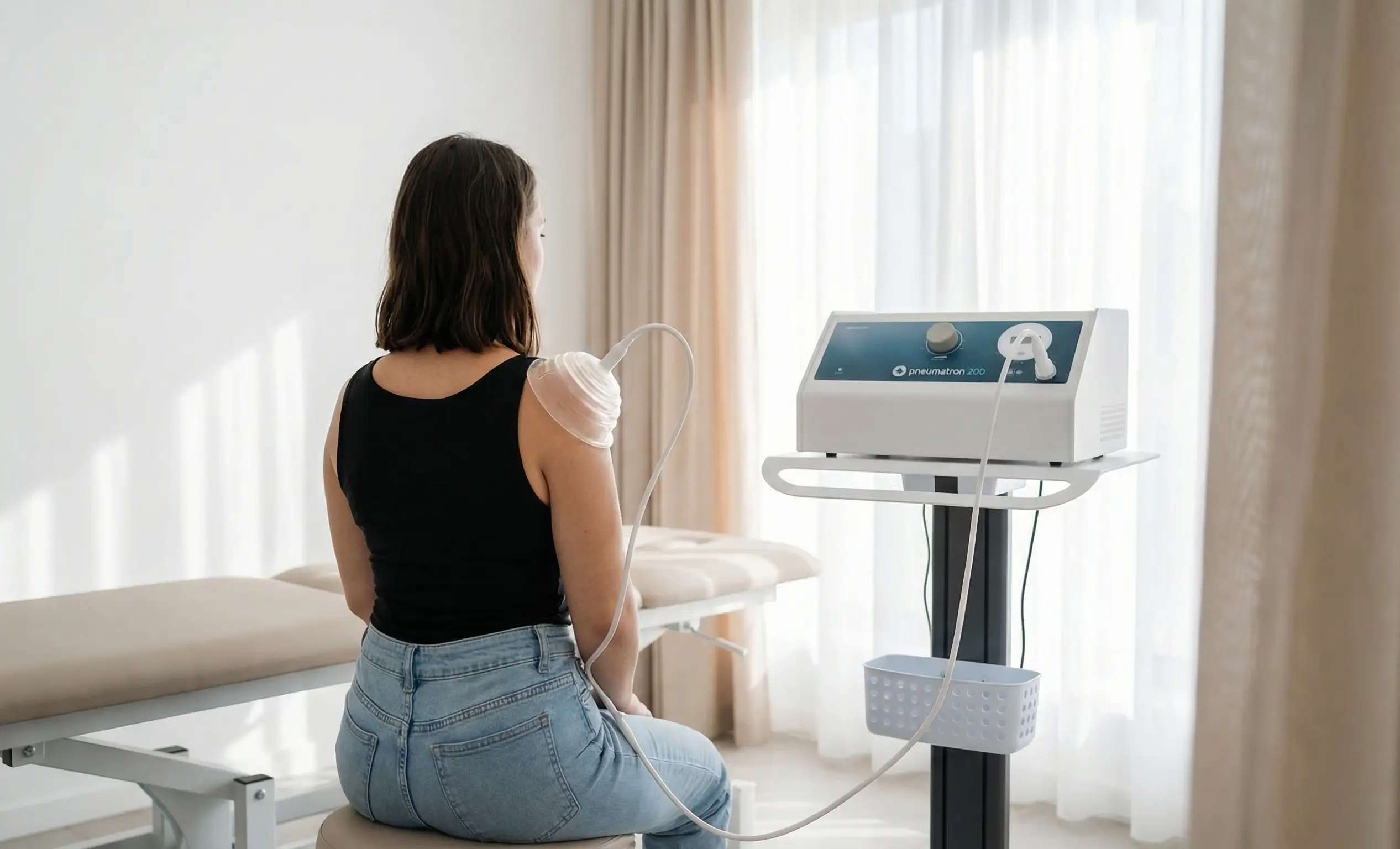 pnevmatska pulsacijska terapija Pneumatron 200 na ramenu pacientke v fizioterapiji