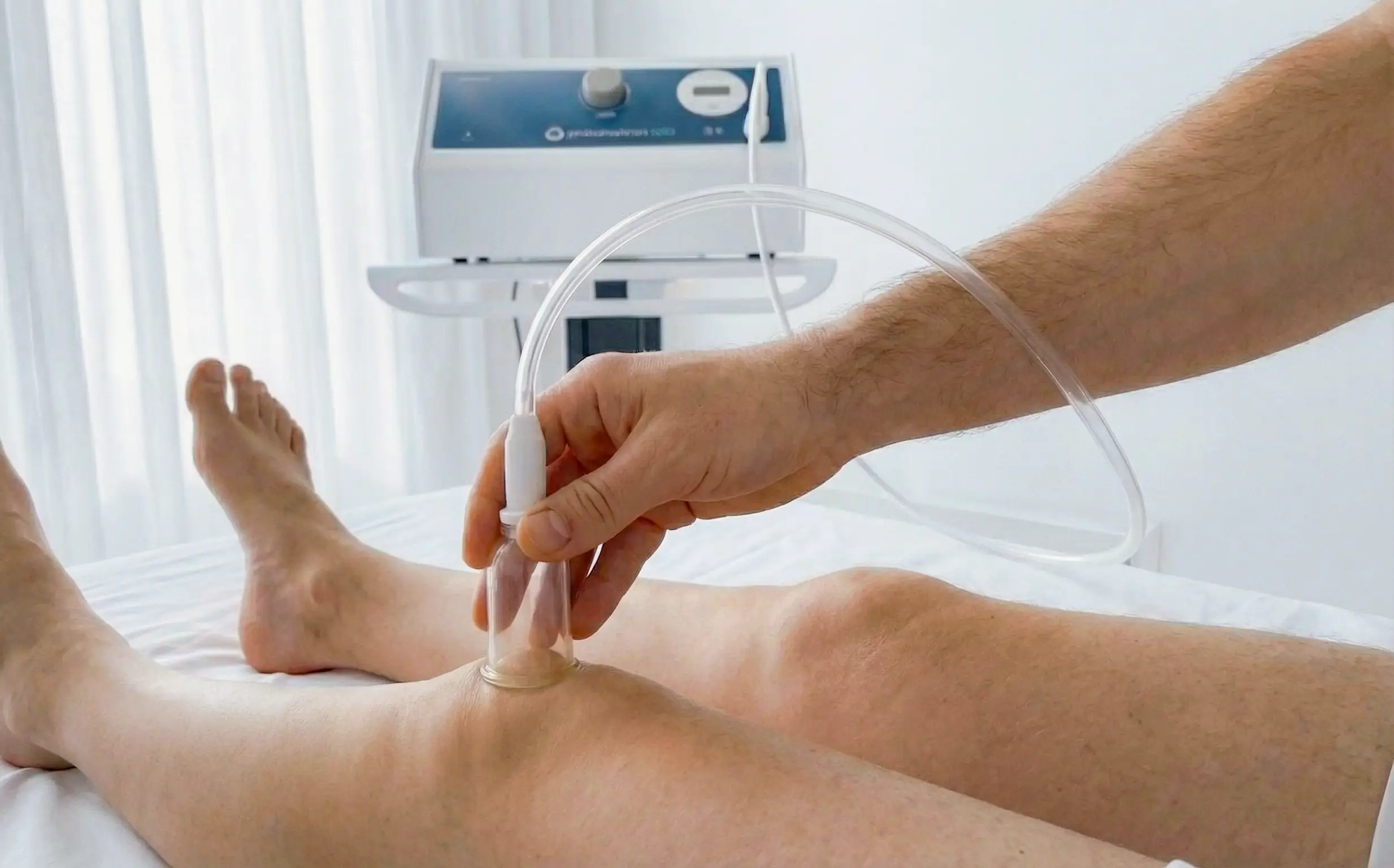 fizioterapevt izvaja pnevmatsko pulzacijsko terapijo na kolenu z napravo Pneumatron