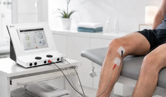 Elektroterapija z elektrodami na kolenu in sodobnim terapevtskim aparatom