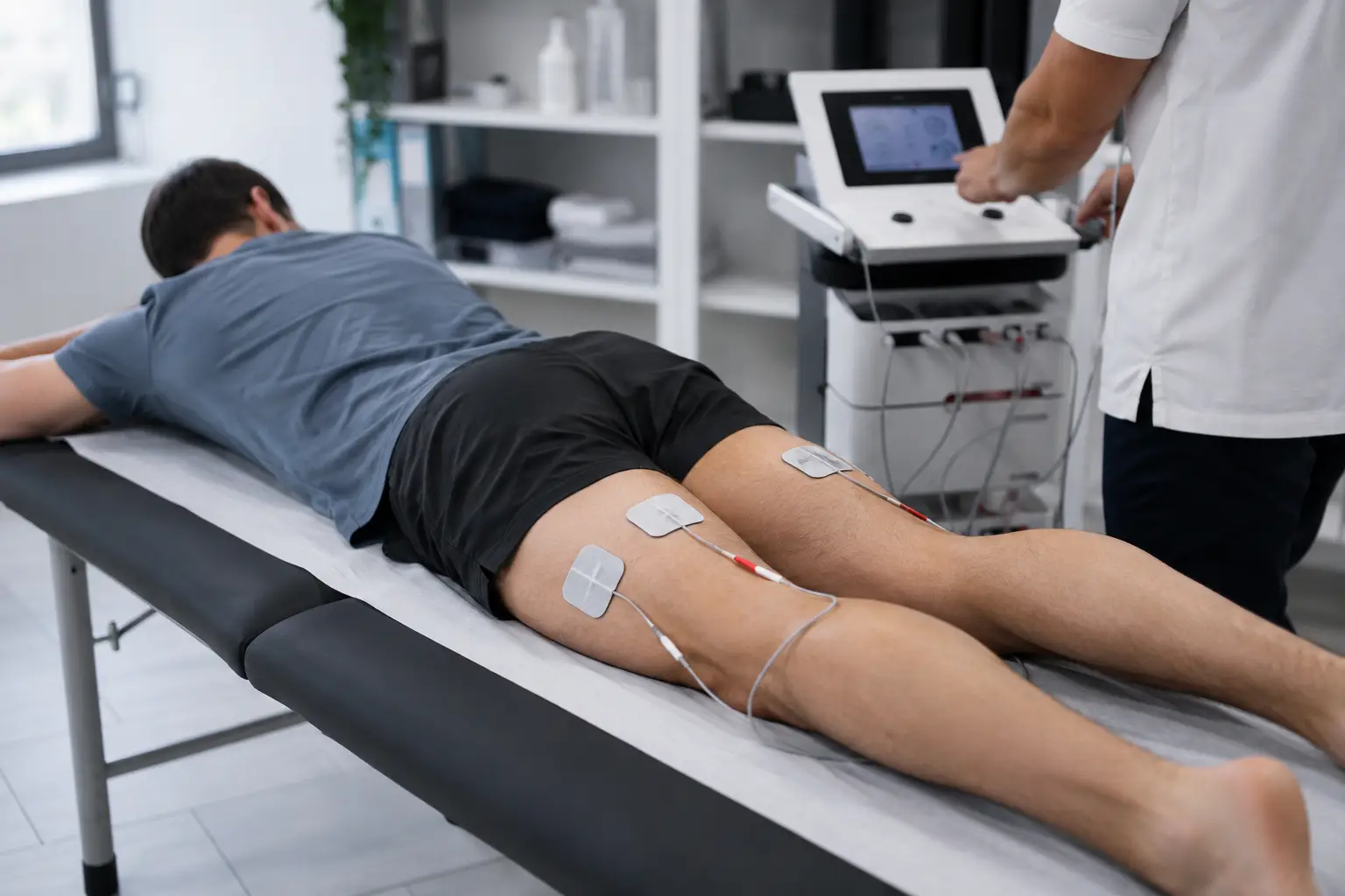 Elektrode za nevromišično elektrostimulacijo na pacientovi zadnji stegenski mišici