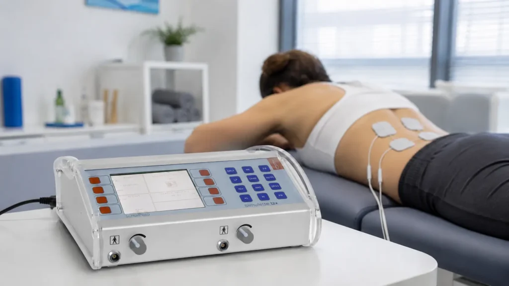 TENS aparat Stimulette z elektrodami na ledvenem delu hrbta med fizioterapevtsko terapijo