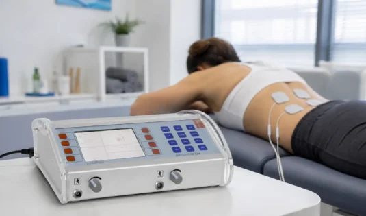 TENS aparat Stimulette z elektrodami na ledvenem delu hrbta med fizioterapevtsko terapijo