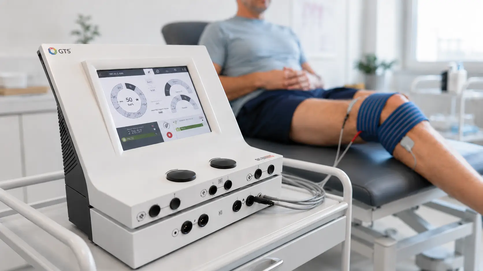 Profesionalni TENS aparat na vozičku s pacientom med elektroterapijo kolena