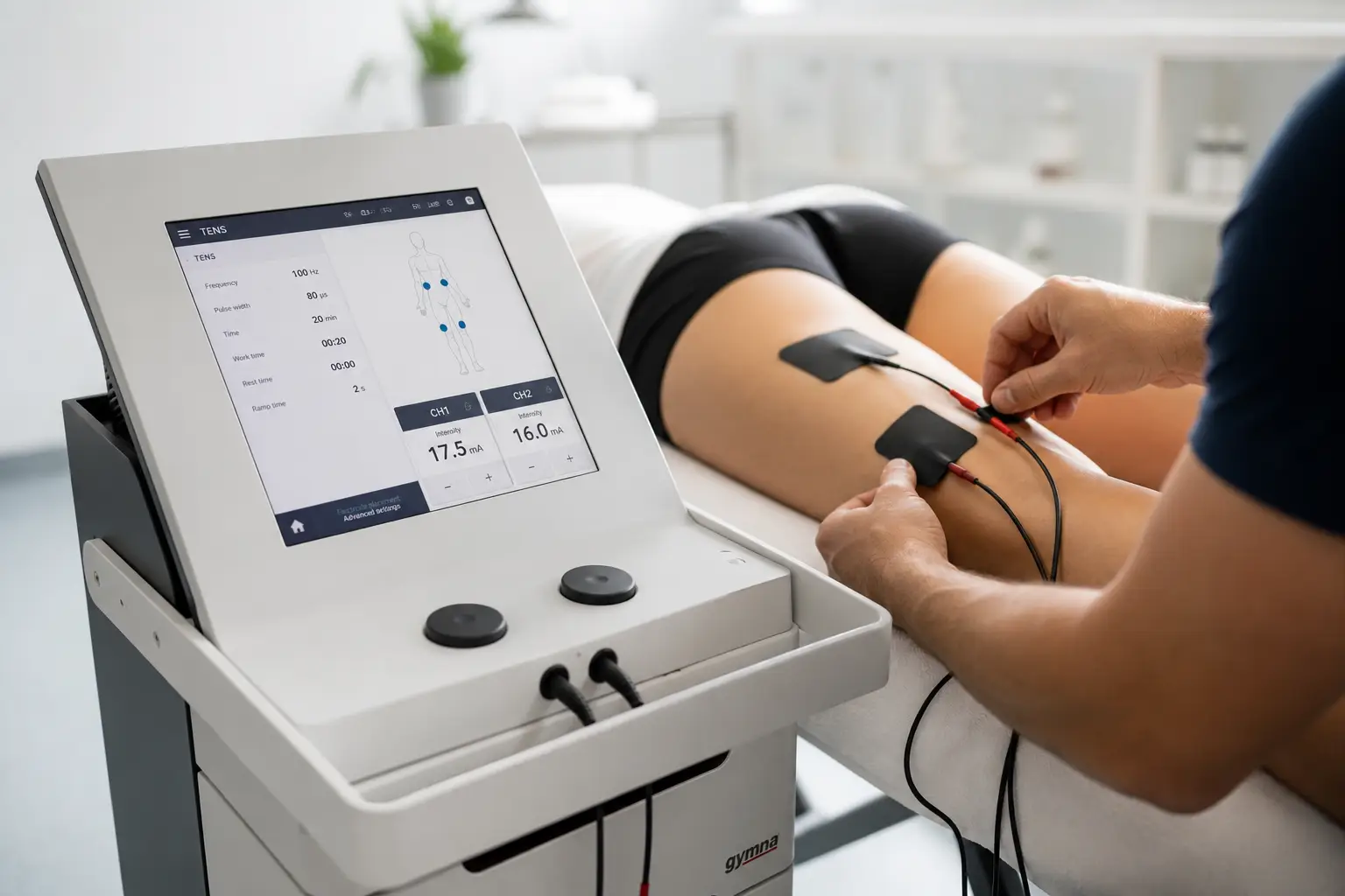 TENS elektroterapija z elektrodami na stegnu pacienta