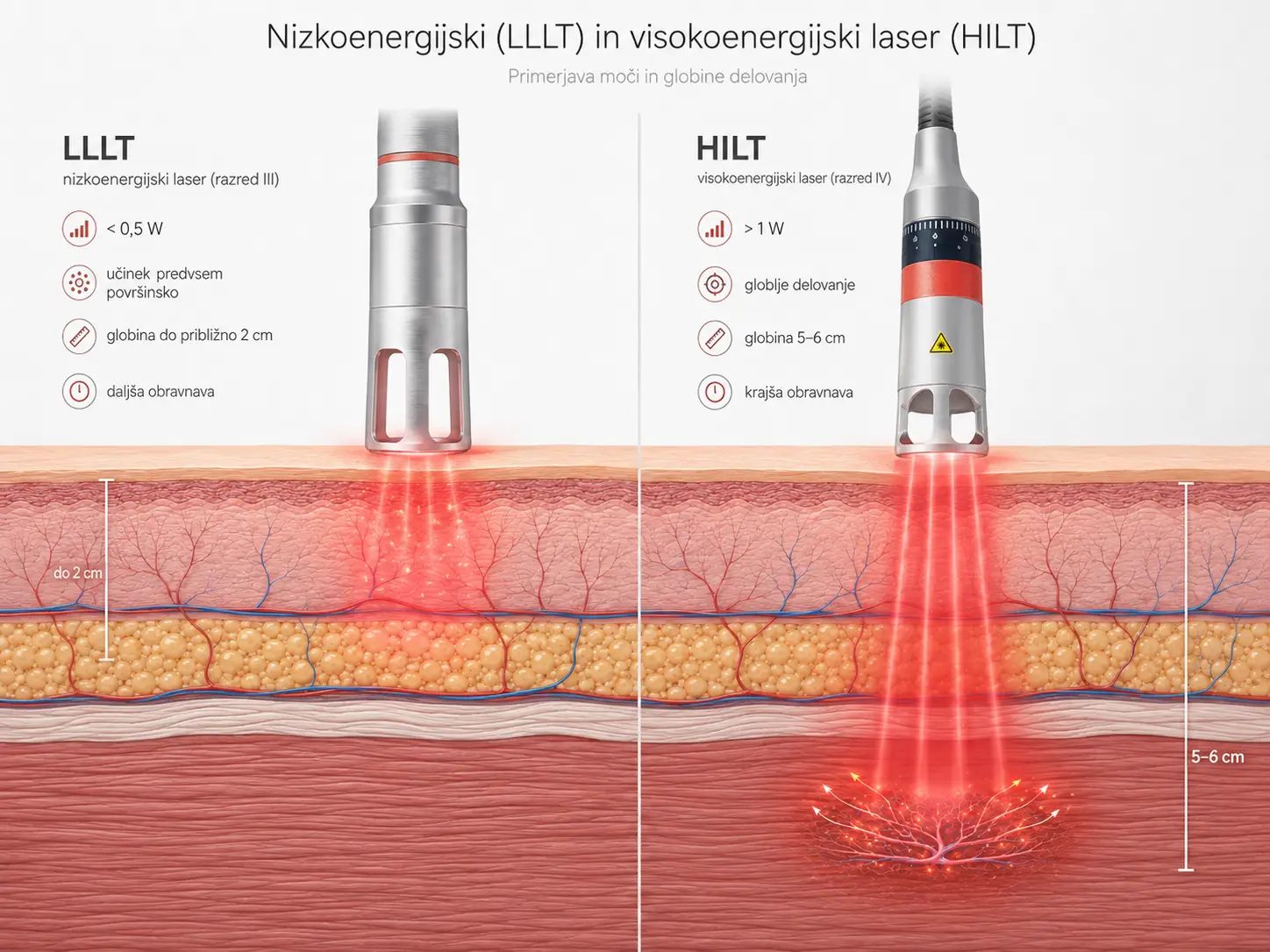 Primerjalna ilustracija nizkoenergijskega laserja LLLT in visokoenergijskega laserja HILT z različno globino delovanja v tkivu