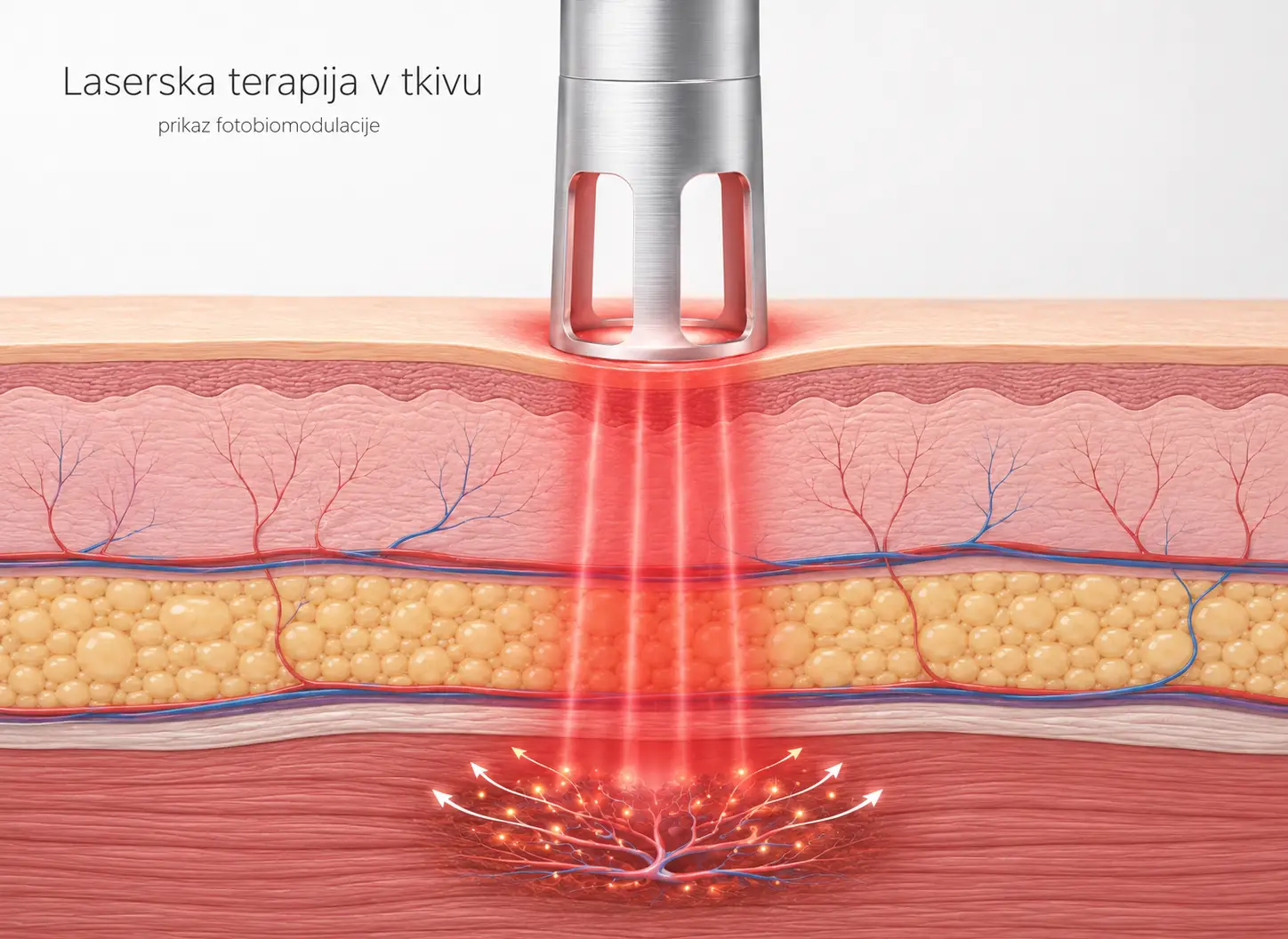 Ilustracija laserske terapije v tkivu s prikazom prodiranja laserskih žarkov skozi kožo, podkožje in mišico